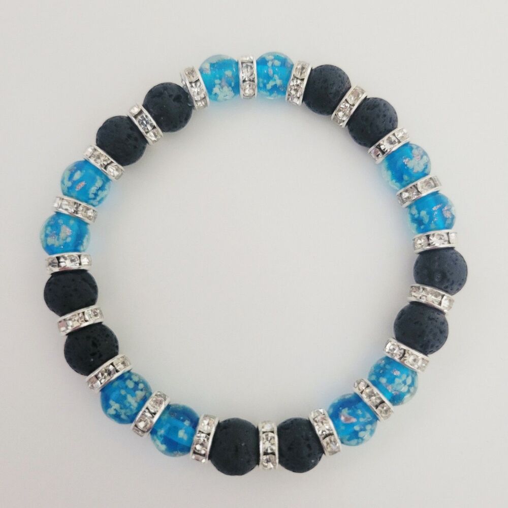 NWT Glow In The Dark Blue Firefly Glass, Lava Rock, Rhinestone Stretch Bracelet